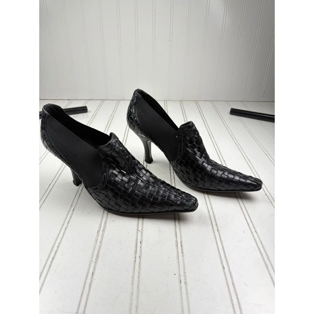 Donald J. Pliner Vintage Y2K Black Woven Leather Ankle Boots Women's Size 6M